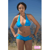 Black model in blue halter bikini top and boyshorts
